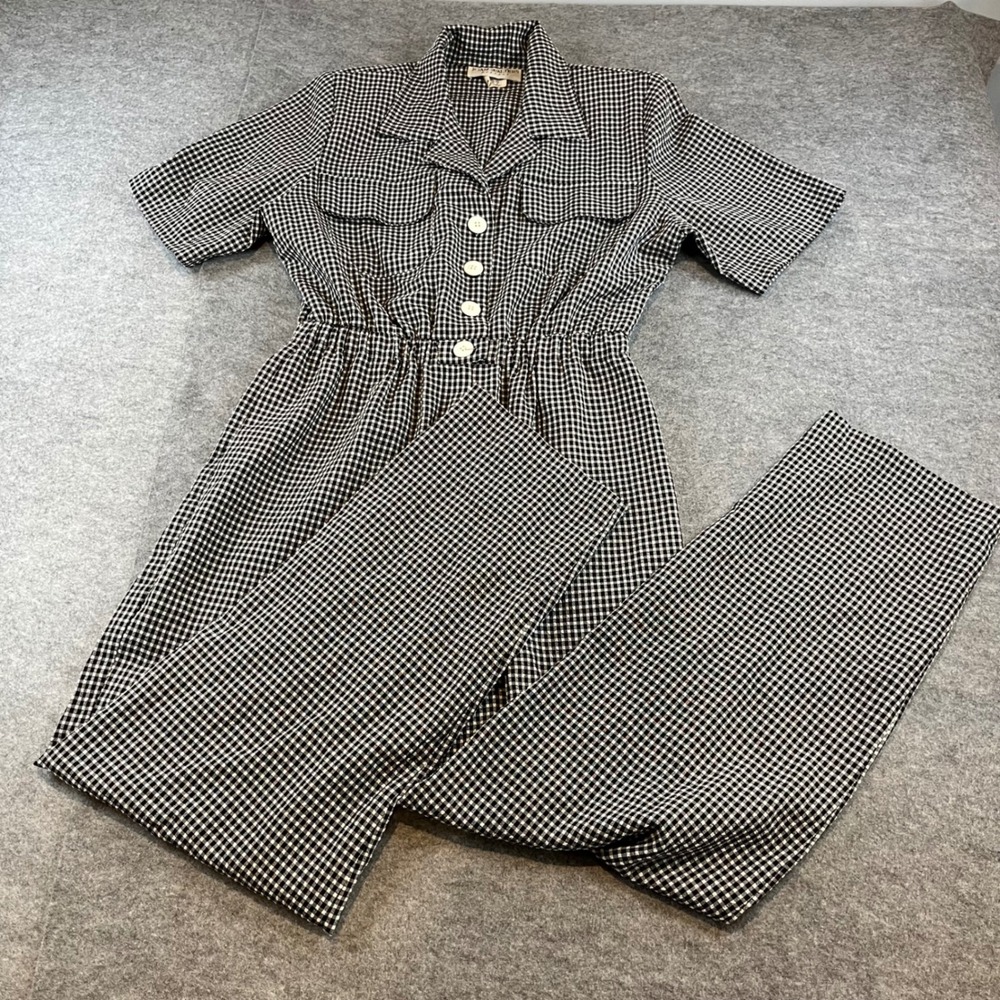 Vtg Joan Walters Women Vintage Gingham Jumpsuit Black White Retro Cottagecore 8P